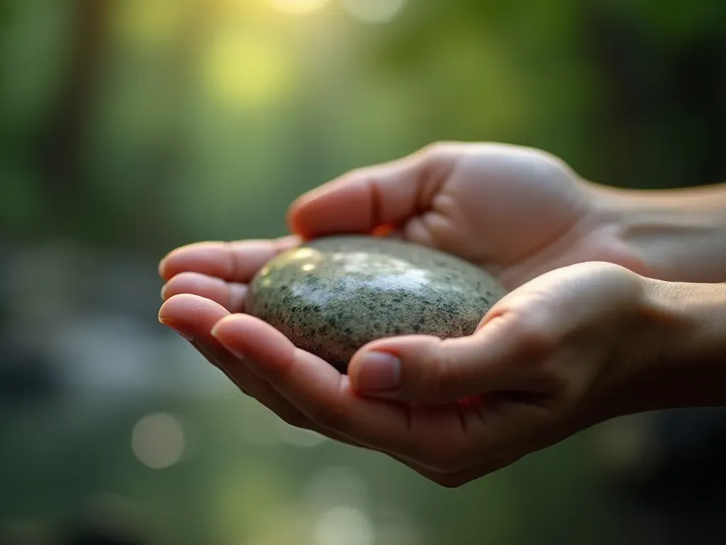 el şifa taş deneyimi Close-up of hands holding a smooth river stone with soft natural light and blurred green background, peaceful editorial photography composition