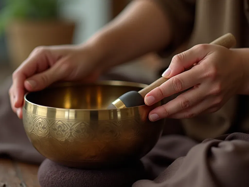 Close-up shot of hands playing a Himalayan singing bowl with a wooden mallet. Soft natural light illuminates the metal texture and gentle ripples in the air representing sound waves. The background is blurred to emphasize focus on healing instruments.