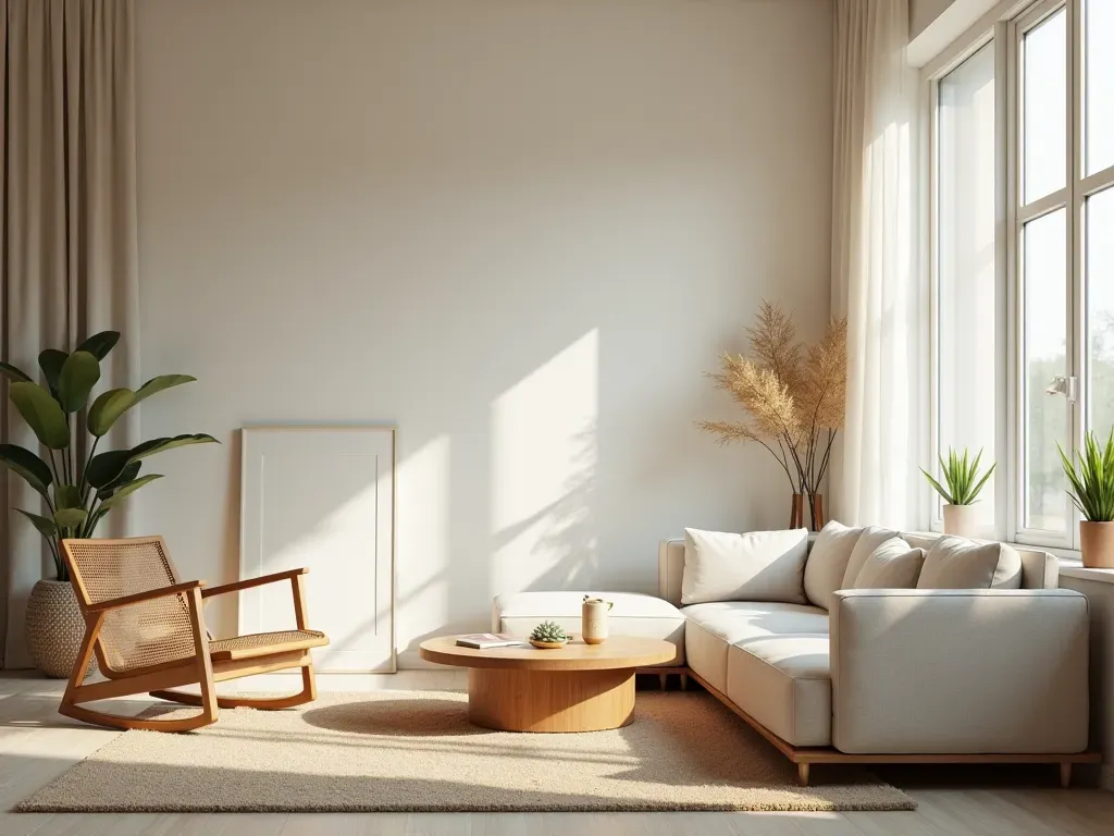 Interior of a modern minimalist living room with soft neutral tones, natural light streaming through large windows, and simple decorative elements creating a peaceful atmosphere