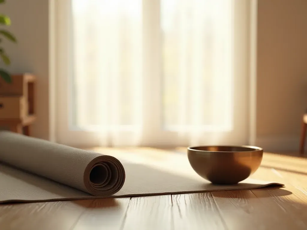 ses terapisinin faydaları Minimalist interior shot showing a modern yoga mat rolled up next to a ceramic singing bowl on a wooden floor with soft morning light streaming through sheer curtains creating long shadows and peaceful atmosphere without any text or branding visible.