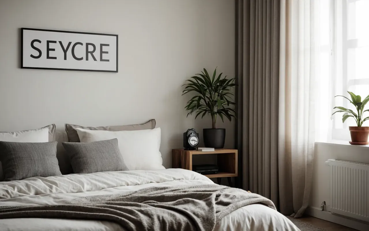 Modern minimalist bedroom interior with neutral bedding, soft morning light through sheer curtains, and a small potted plant on the bedside table, serene atmosphere