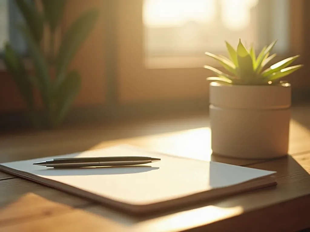 sabah huzuru Morning sunlight hitting a simple wooden desk with notebook pen and small succulent plant arranged neatly creating calm productive workspace vibe without any electronic devices screens or text visible.