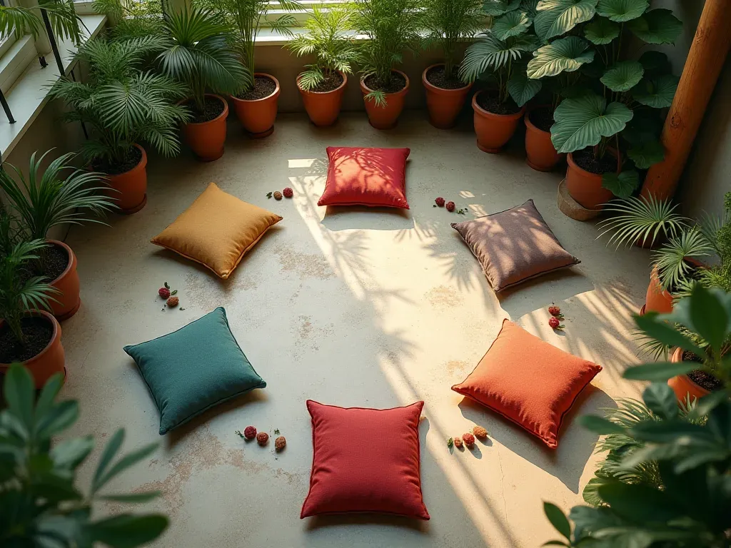 meditasyon ortamı Overhead view of a meditation circle with colorful cushions arranged neatly on natural stone flooring surrounded by potted green plants and soft diffused lighting creating a serene contemporary wellness space without any visible text.