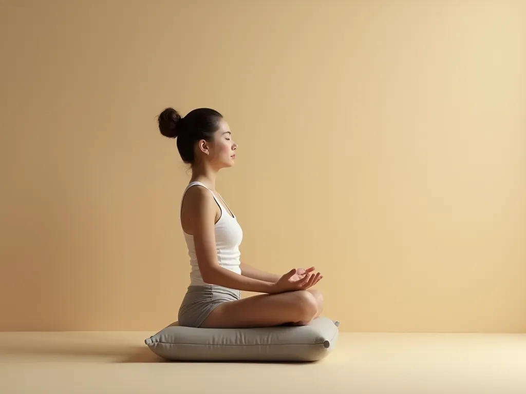 meditasyon pozisyonu Side profile of a person sitting in comfortable meditation pose on simple cushion with eyes closed showing peaceful expression against plain beige wall background illuminated by natural window light without any decorative items or text.