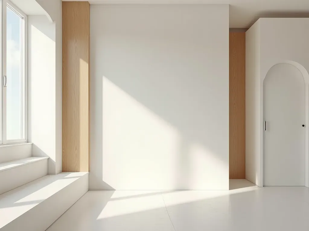 Wide editorial photograph of a modern minimalist interior with soft diffused light, clean white surfaces, and natural wood accents creating a calm atmosphere
