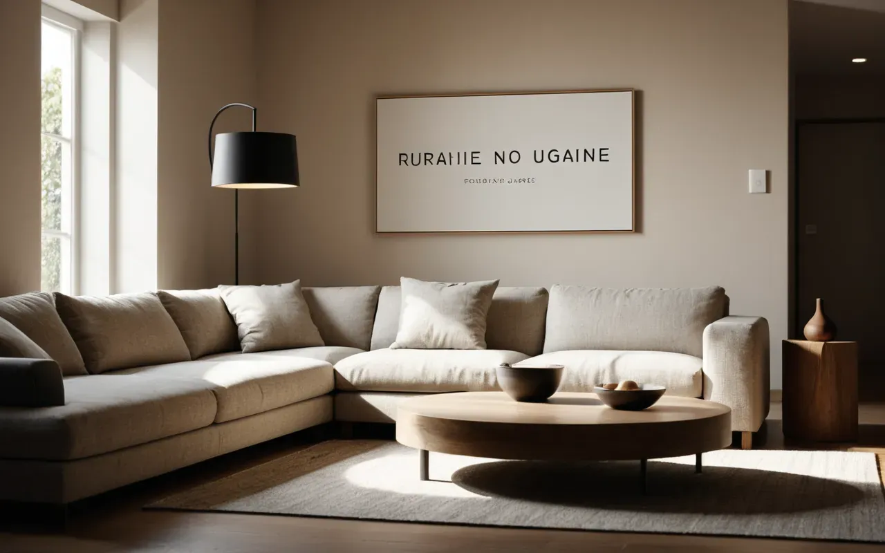 Wide editorial photograph of a modern minimalist living room with soft neutral linens, warm indirect lighting, and abstract organic shapes on the walls, calm atmosphere