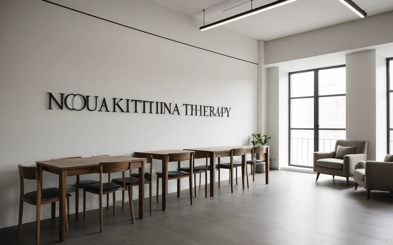 Wide editorial photograph of a modern minimalist therapy room with soft natural light, neutral tones, and contemporary furniture