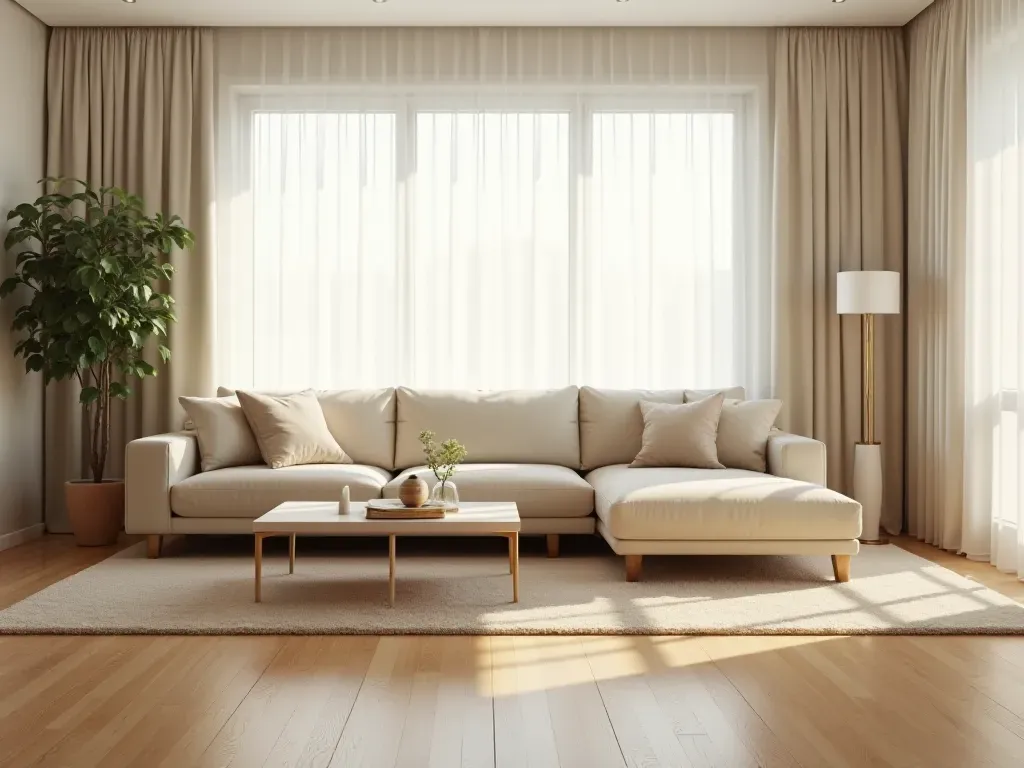 evde şifa enerjisi ortamı Wide shot of a modern minimalist living room with beige sofa and wooden floor, soft afternoon light through sheer curtains, editorial interior photography