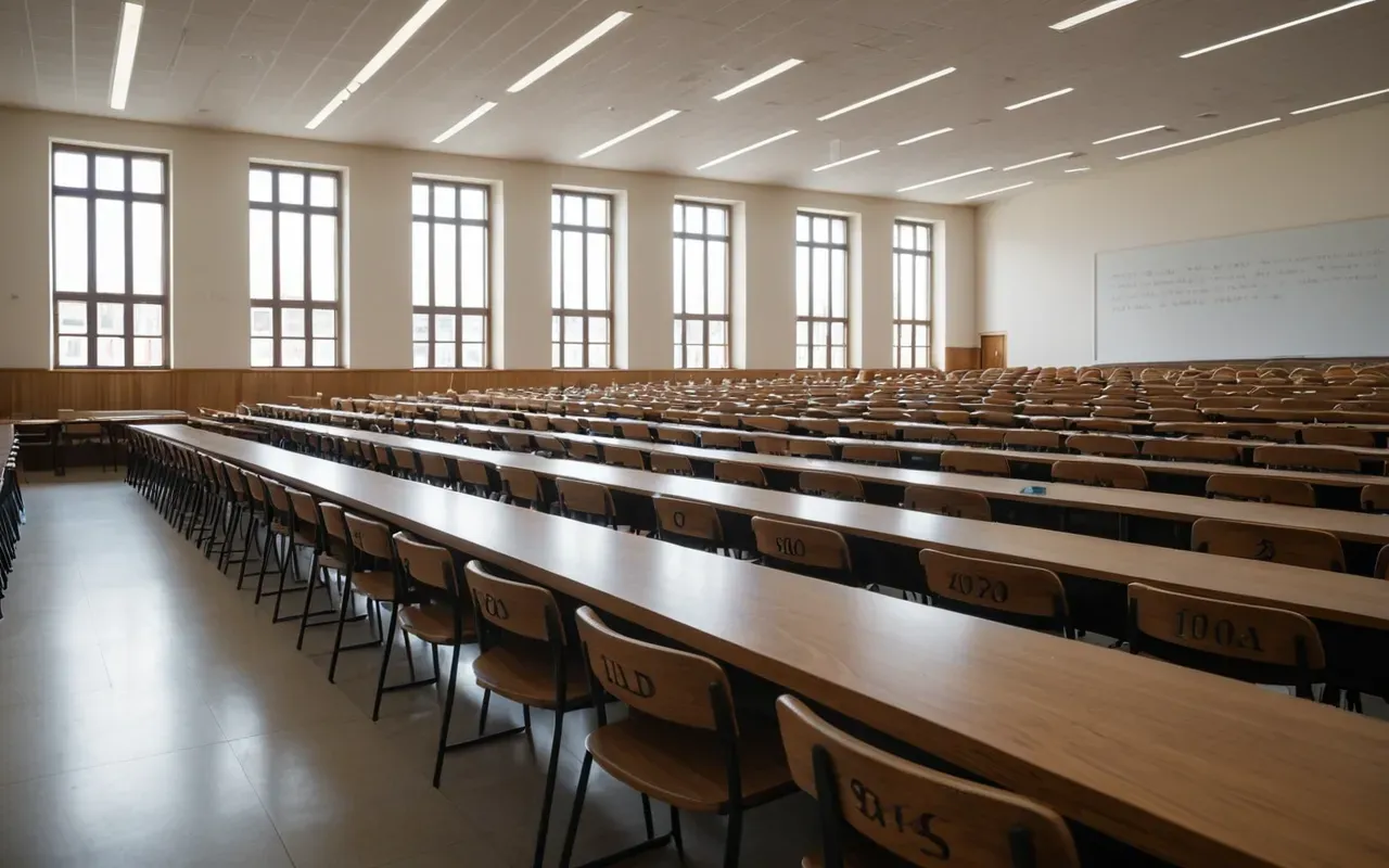 üniversite motivasyon eğitimi A bright modern university lecture hall with young students sitting attentively in rows of wooden desks. Soft natural light streams through large windows, illuminating the faces of focused learners taking notes on paper. The atmosphere is calm and studious.