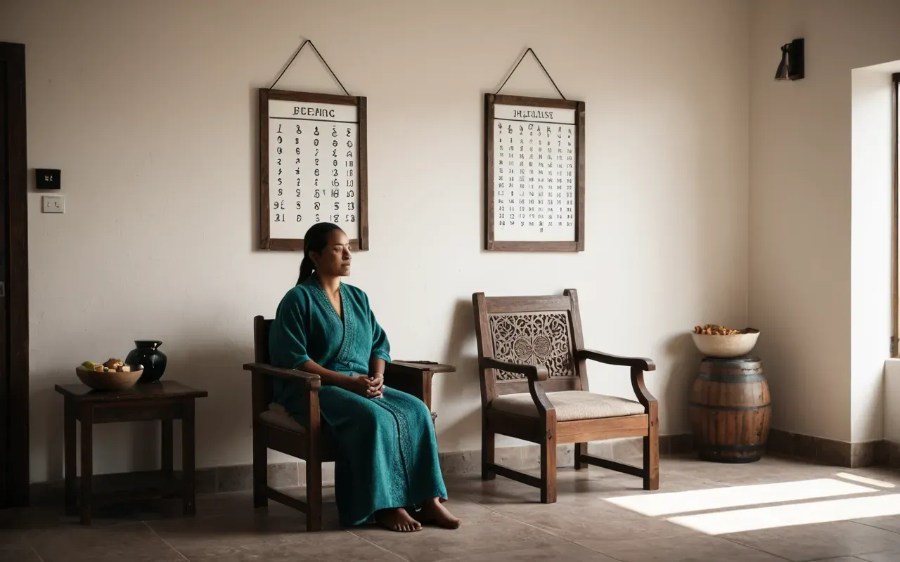şifa seansı ortamı A calm and minimalist healing room with soft natural lighting. A person sits in a comfortable chair receiving energy healing. The atmosphere is serene, modern, and globally neutral without any specific cultural markers.