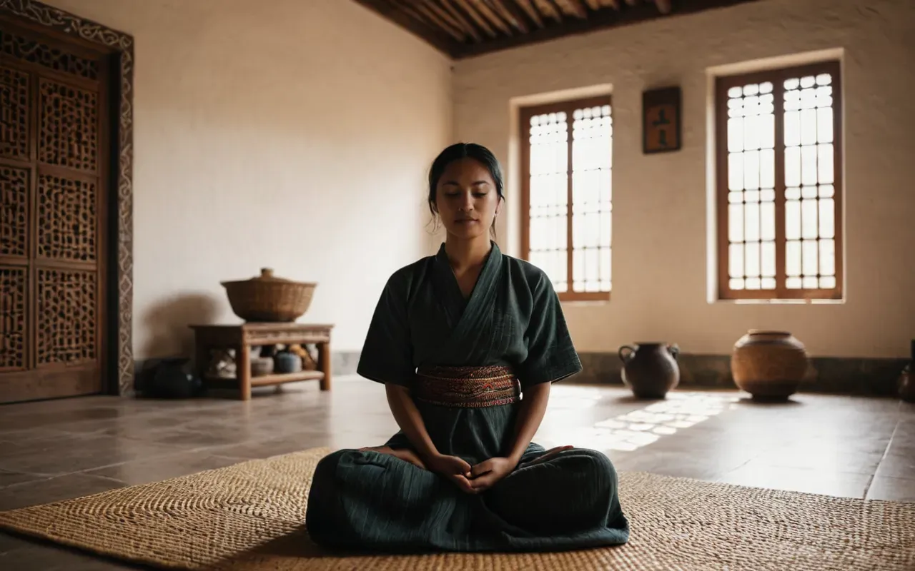 A calm and serene meditation room with soft natural light streaming through large windows. A person sits peacefully on a woven mat in the center of the space, surrounded by smooth stones and a single potted plant. The atmosphere is tranquil and focused.