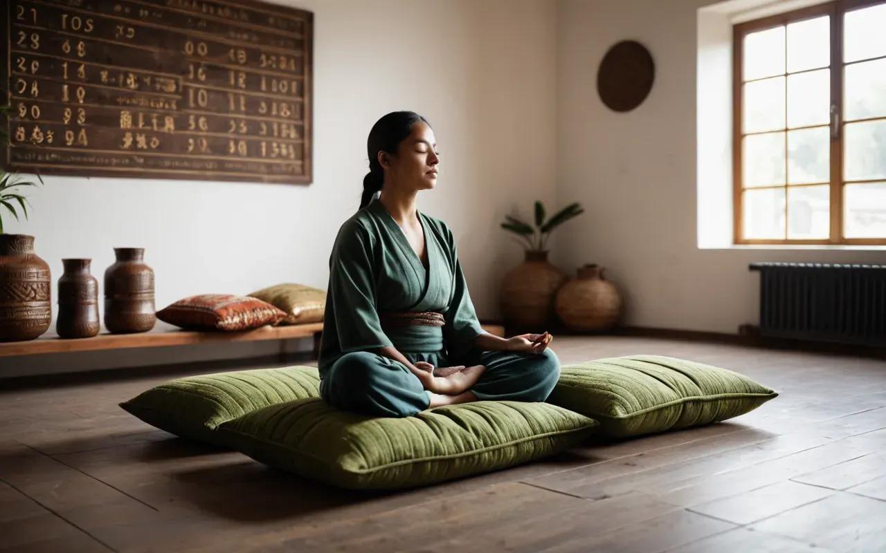 A calm and serene wellness studio interior with soft natural lighting. A person is sitting on a comfortable cushion in meditation posture, eyes closed, exuding peace. The room features neutral earth tones, smooth wooden textures, and minimal decor. No text or signs are visible anywhere.