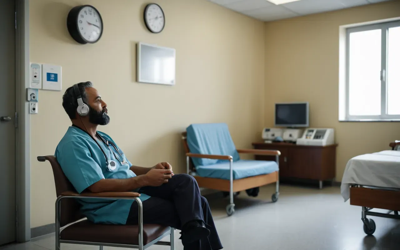 klinik ortam sesi A calm hospital room with a patient sitting in a chair listening to sound therapy equipment placed on a nearby table. The lighting is soft and the atmosphere is supportive.