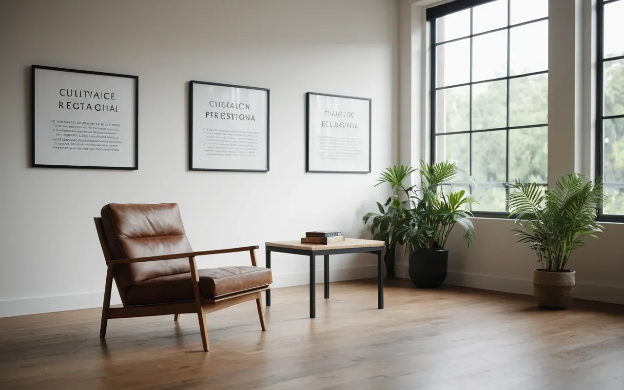 A calm, modern minimalist room with soft natural light streaming through large windows, featuring a comfortable reading chair and subtle greenery in the background.