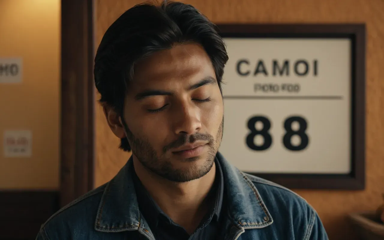 A calm person closing their eyes in a quiet room with soft warm lighting and no visible objects.