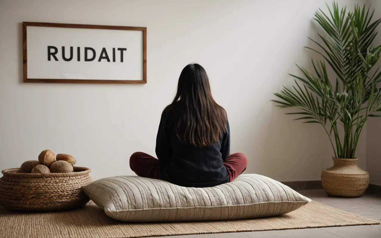 A calm person sitting on a cushion in a minimalist room with soft lighting and natural elements creating a peaceful healing atmosphere