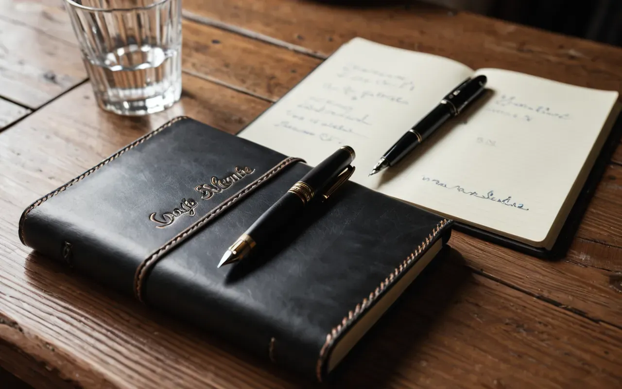 kayıt defteri kullanımı A close up of a hand writing in a leather journal with a fountain pen on a wooden desk next to a glass of water and a smartphone.