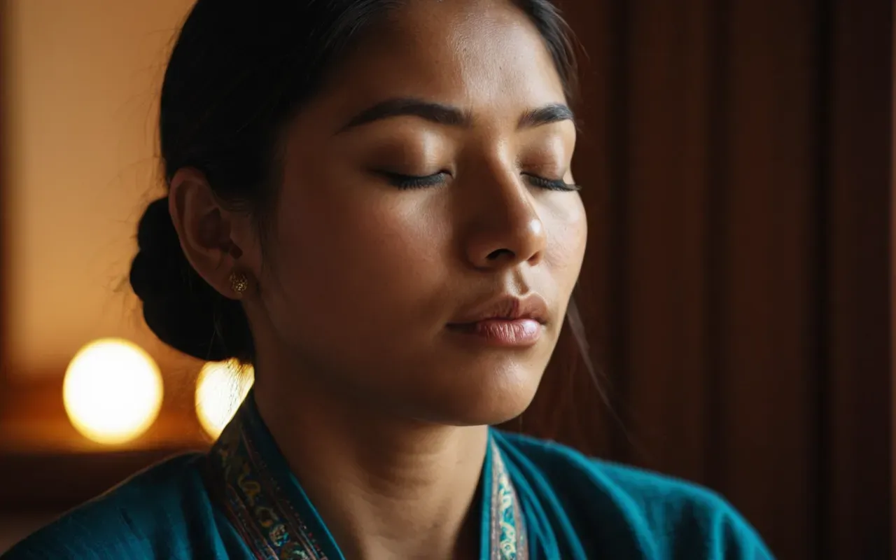 A close-up of a person's closed eyes with soft, warm lighting reflecting off their skin, conveying deep concentration and inner peace during a meditation session.