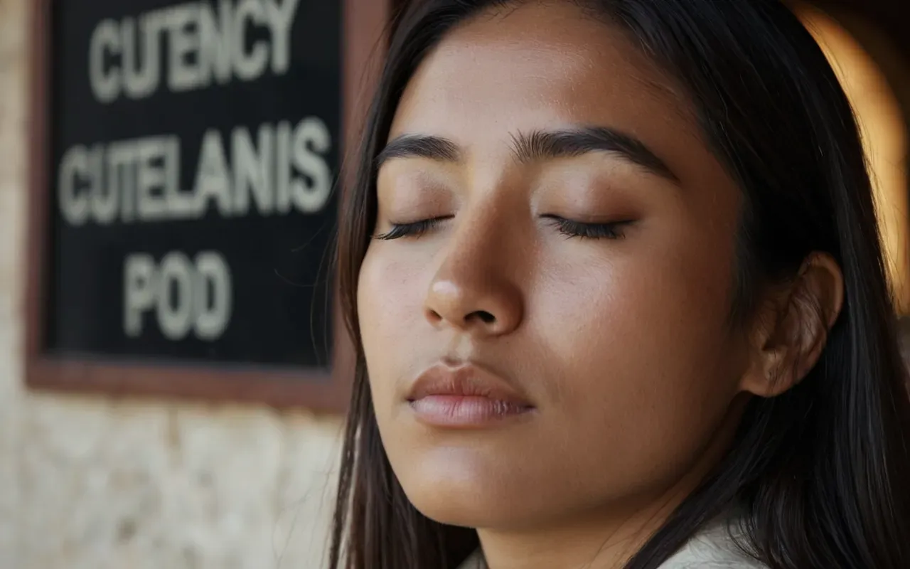 A close-up of a person's face in deep relaxation with eyes closed. Soft ambient light highlights the peaceful expression and calm demeanor. The background is blurred to focus on tranquility and inner peace.