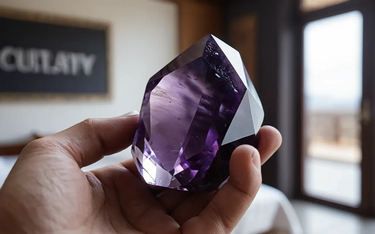 A close-up of a person's hand holding a smooth purple amethyst crystal against a blurred background of soft natural light in a calm indoor setting.