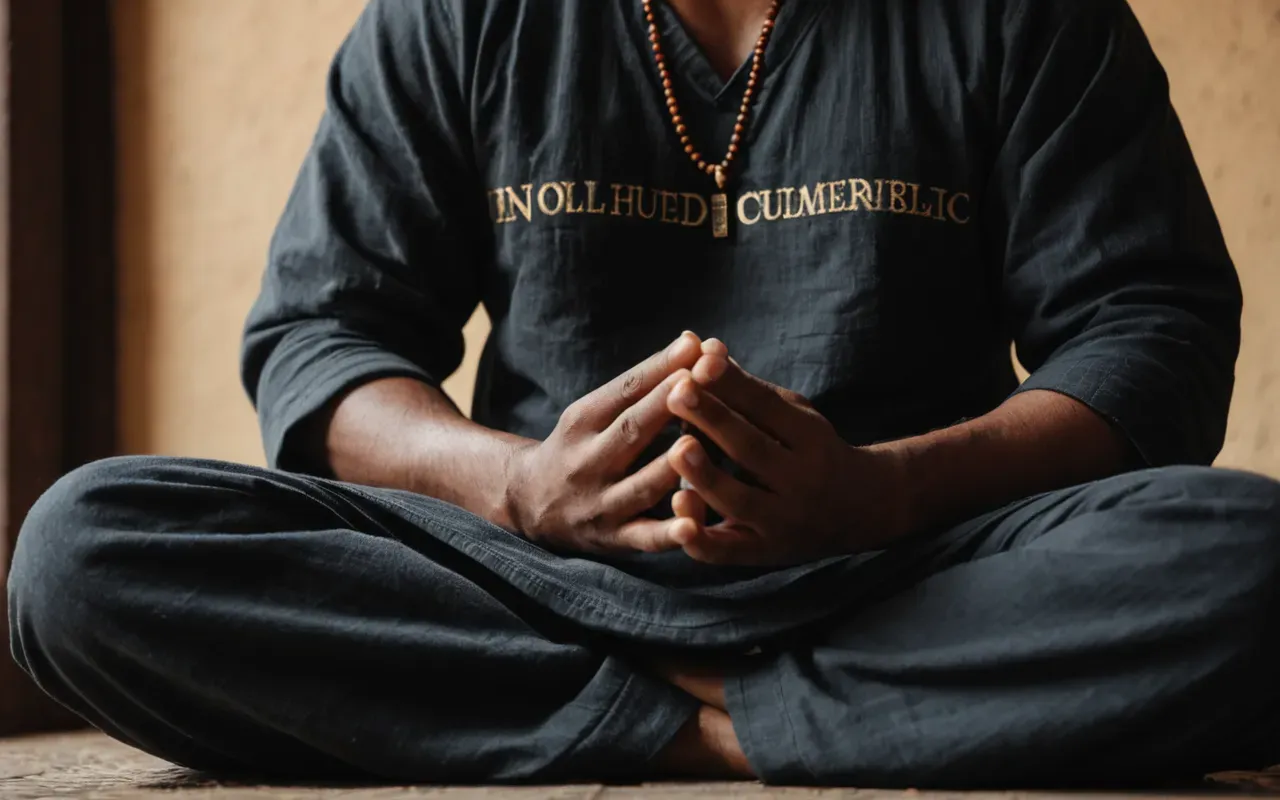 nefes çalışması sakinlik A close-up of a person's hands resting calmly on their lap while they sit in a quiet meditation posture. Soft ambient lighting creates a peaceful atmosphere in a minimal room with wooden floors and a single green plant nearby.