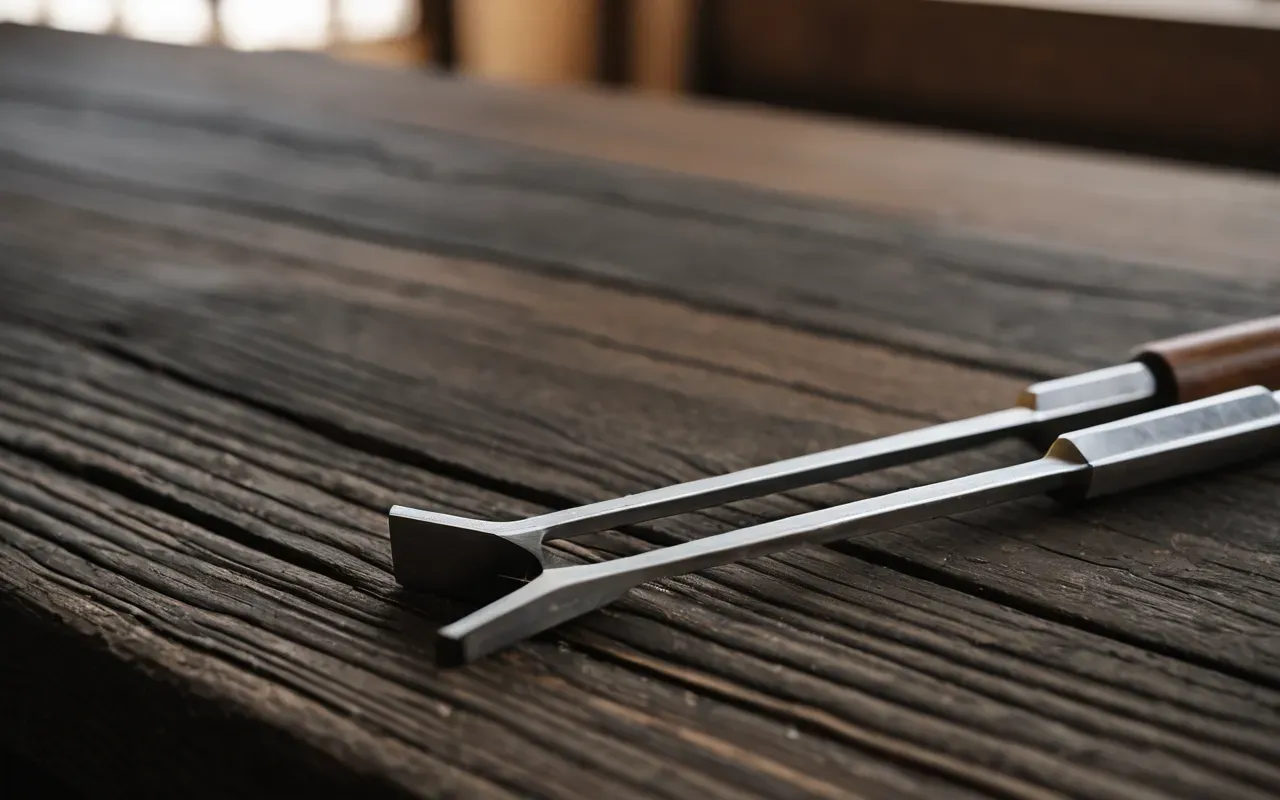 diyapazon kullanımı A close-up of a tuning fork being struck by a small mallet on a wooden surface. The focus is on the vibration and precision of the tool in a bright clinical setting.