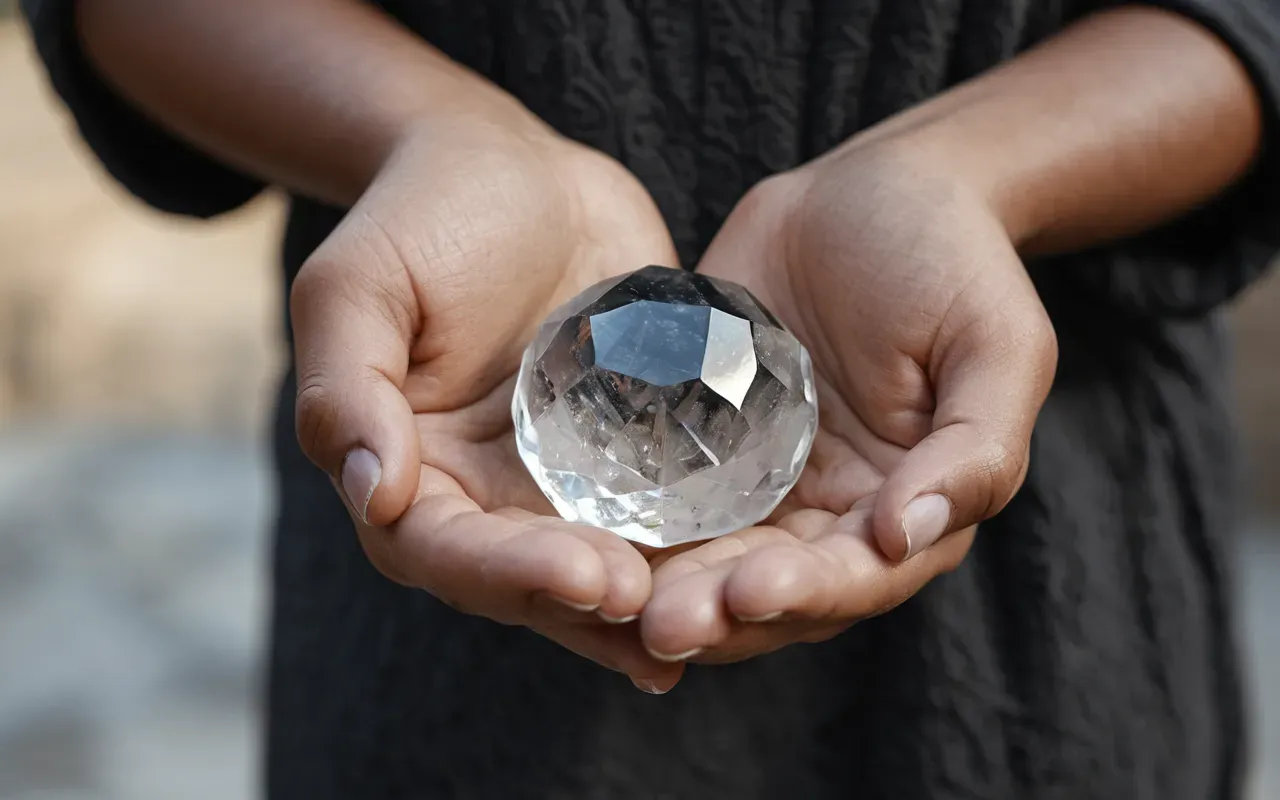 A close up of hands holding a smooth crystal stone in natural light with no background distractions.