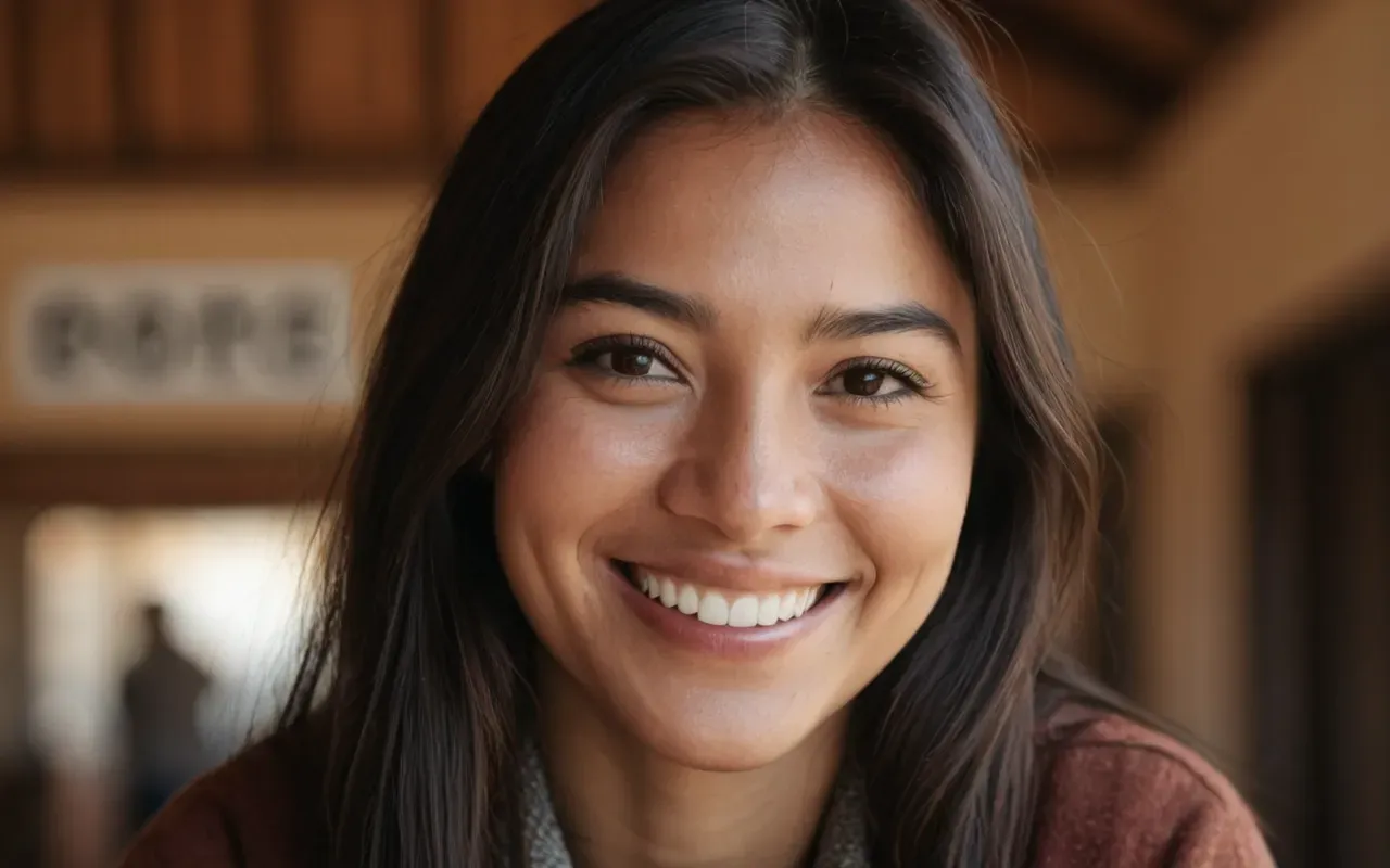 A close-up shot of a person's face showing a genuine smile in a soft-lit room. The background is blurred and neutral with warm tones. No text or objects are visible.