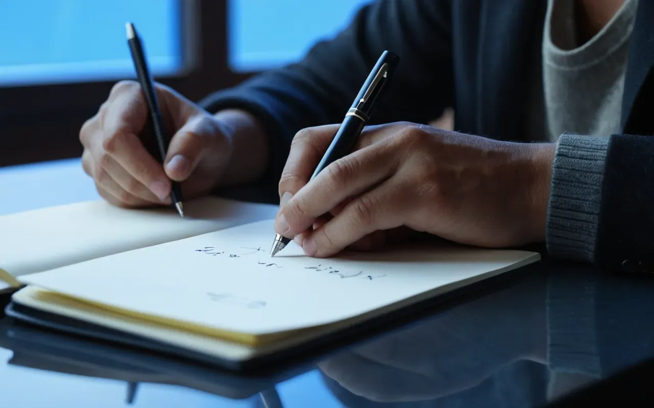 öğrenme süreci A close up view of hands writing in a notebook with a pen on a clean table surface and soft blue light reflecting off the paper.