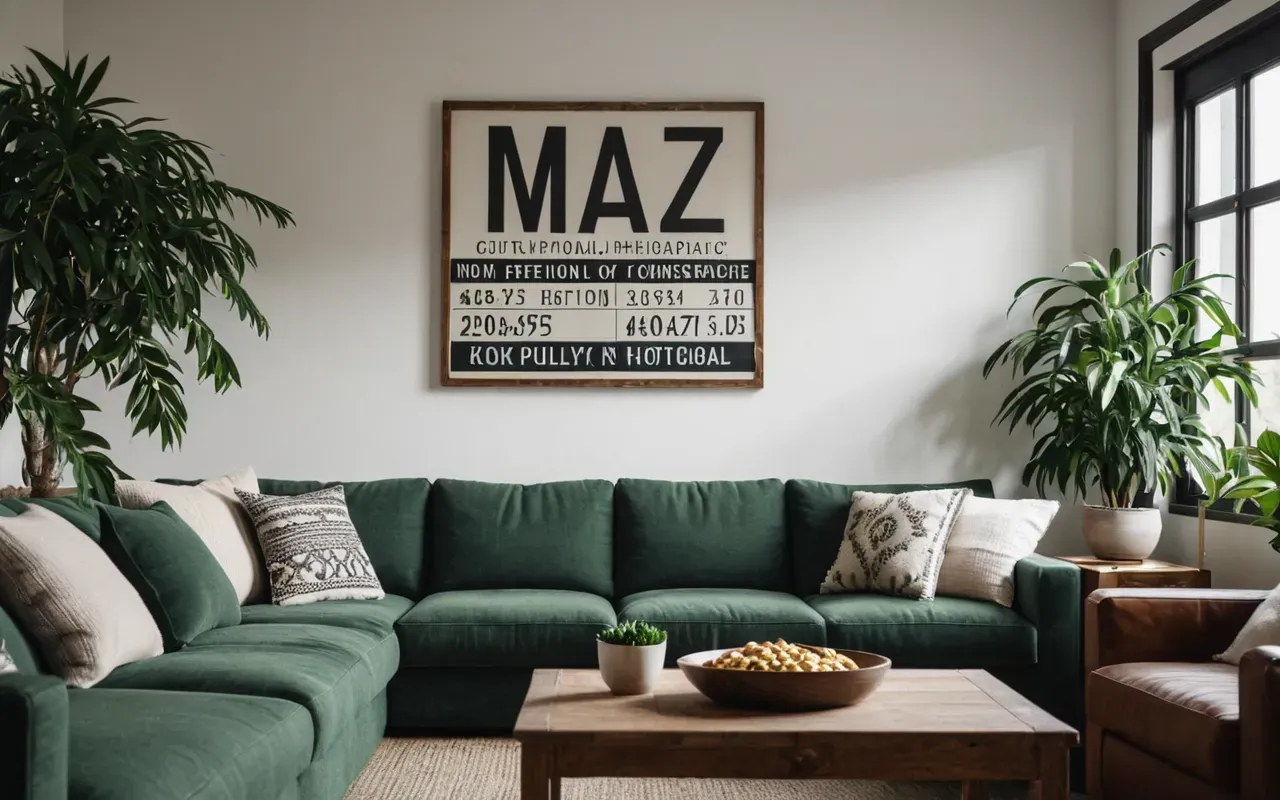 A cozy modern living space with comfortable couches and soft pillows surrounded by green plants in a bright airy room atmosphere