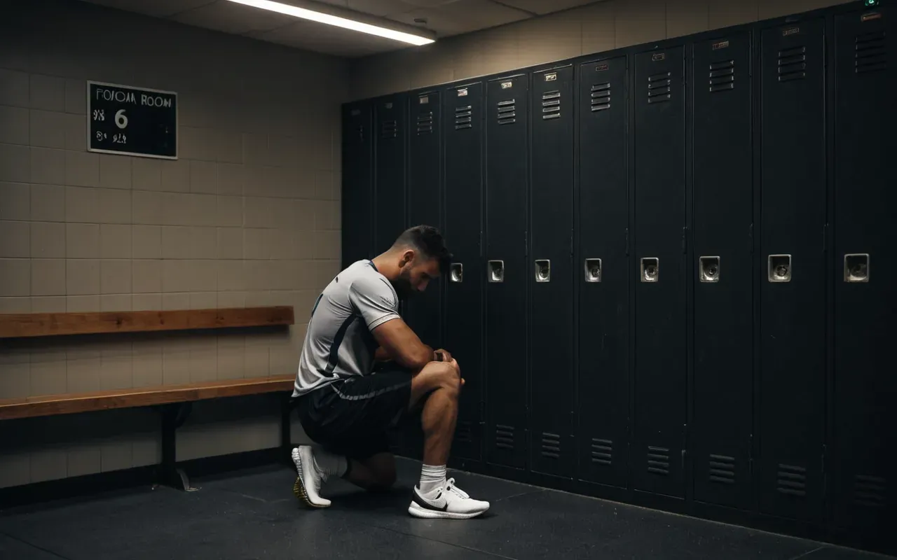 A darkened locker room with a single spotlight illuminating a focused athlete sitting on a bench, eyes closed and hands resting calmly on knees, creating a serene and introspective atmosphere.