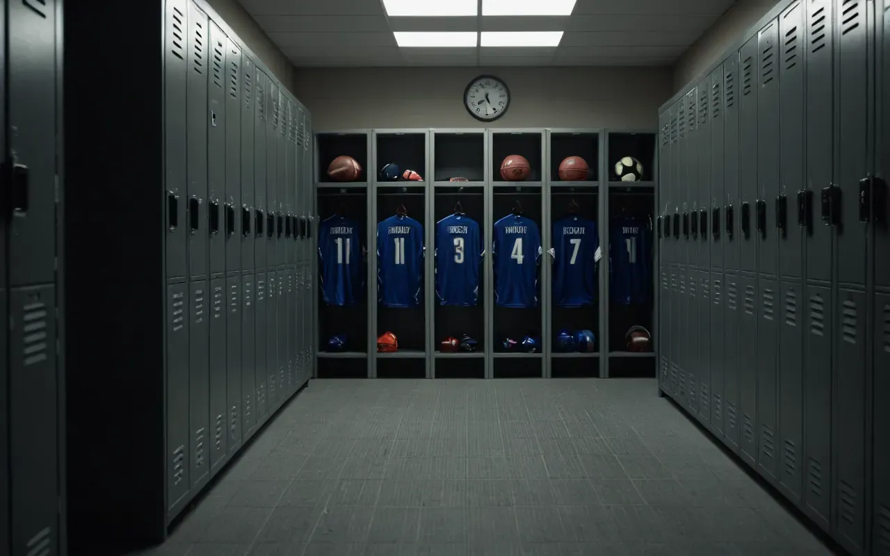 motivasyon teknikleri A dimly lit modern locker room with a single coach standing in front of a group of athletes who have their eyes closed and are wearing headphones.