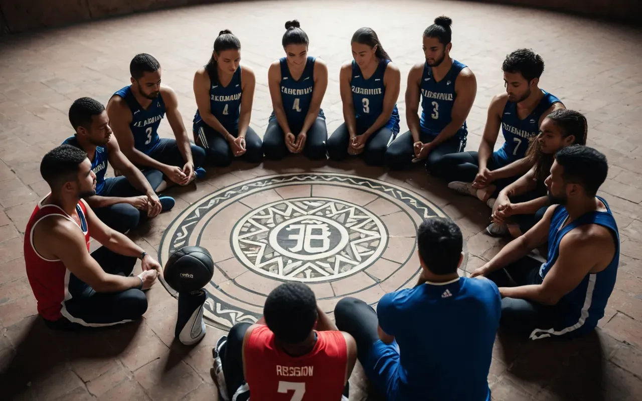 A diverse group of athletes sitting in a circle on the floor with their eyes closed and hands resting openly, symbolizing trust and collective energy exchange.
