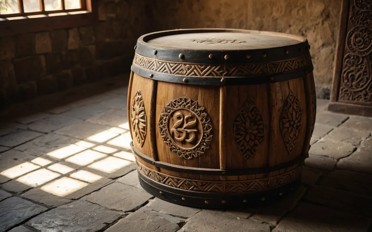 A large wooden drum with intricate carvings placed on a rustic stone floor in a dimly lit room. Soft golden light streams through a small window, illuminating the texture of the wood and casting long shadows. The atmosphere is serene and mysterious.