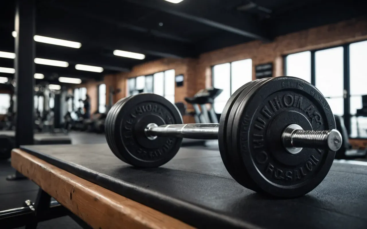 ağırlık antrenmanı A modern gym interior with high contrast lighting showing a person lifting heavy dumbbells in focus while the background is softly blurred.