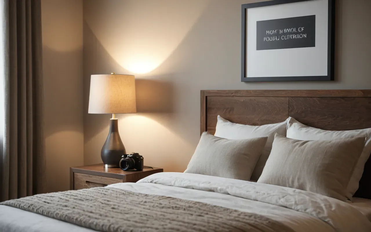 A modern minimalist bedroom with a neatly made bed in soft neutral linens and a small bedside table holding a ceramic lamp. Warm ambient light fills the room through sheer curtains.