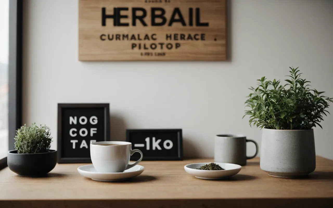 A modern minimalist desk setup with a ceramic cup of herbal tea and a small potted plant, soft diffused light creating a calm atmosphere.