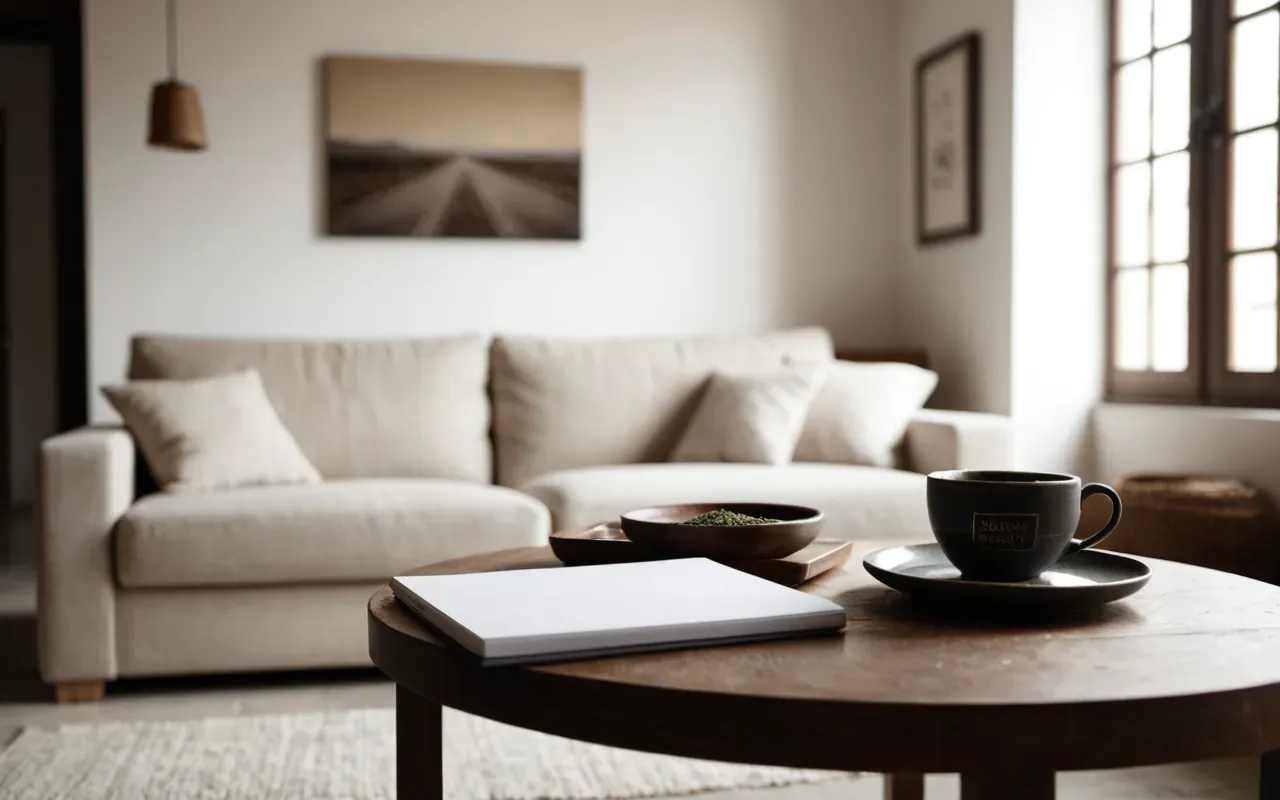 A modern minimalist living room with soft daylight, a neutral sofa, and a small side table holding a ceramic cup of tea beside an open notebook. The palette is muted beige, sage green accents, warm wood tones, with gentle shadows across the floor.