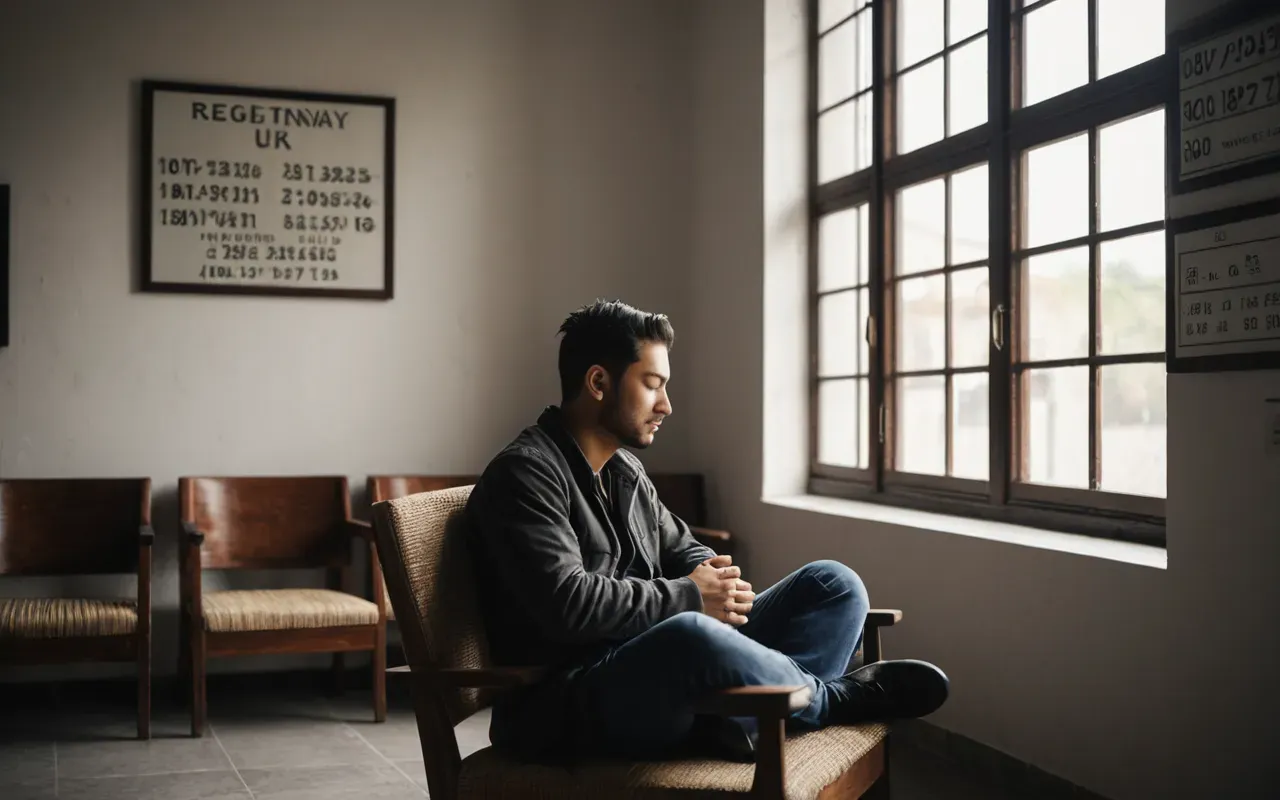 sessizlik pratiği A modern minimalist room with soft natural light from a large window. A person sits in a relaxed posture on a comfortable chair, eyes closed and hands resting gently on their knees. The atmosphere is calm and serene, focusing on inner peace.