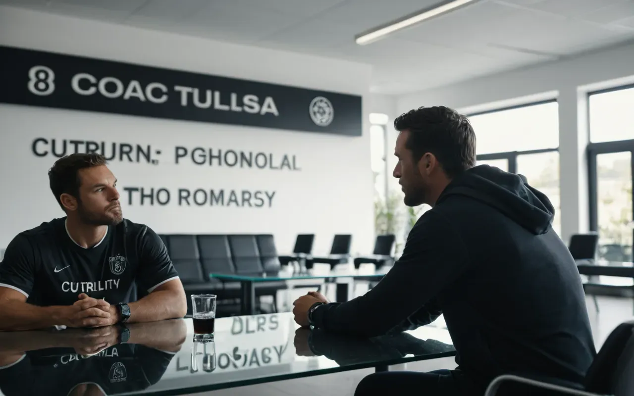 spor psikolojisi A modern sports psychology office with a coach and an athlete sitting on opposite sides of a glass table looking at each other in a calm atmosphere.