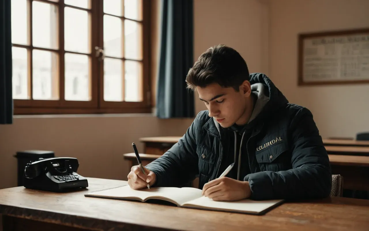 verimli ders çalışma teknikleri A modern study room with a young person sitting at a wooden desk, writing in a notebook. The lighting is warm and natural from a large window nearby. There are books stacked neatly on the side table.