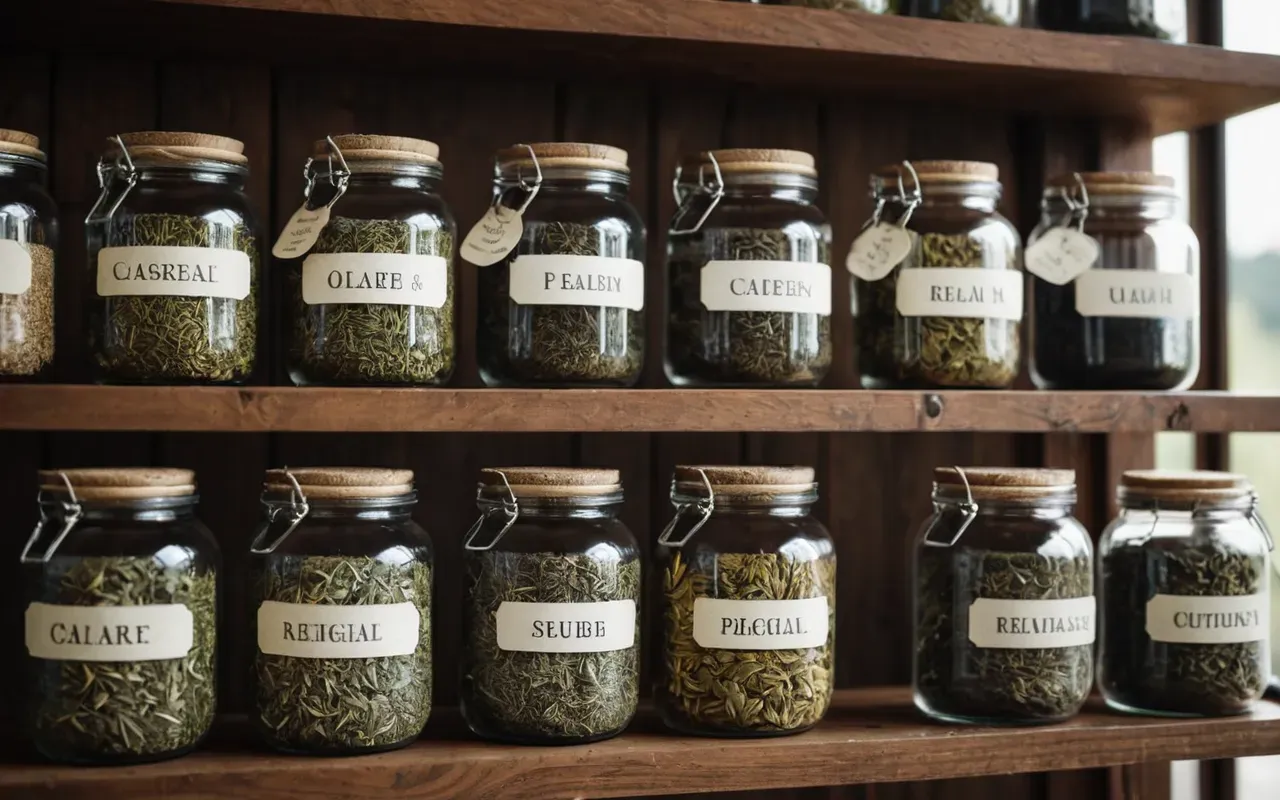 A neat arrangement of dried herbs and tea leaves in glass jars on a wooden shelf with soft natural light highlighting the textures