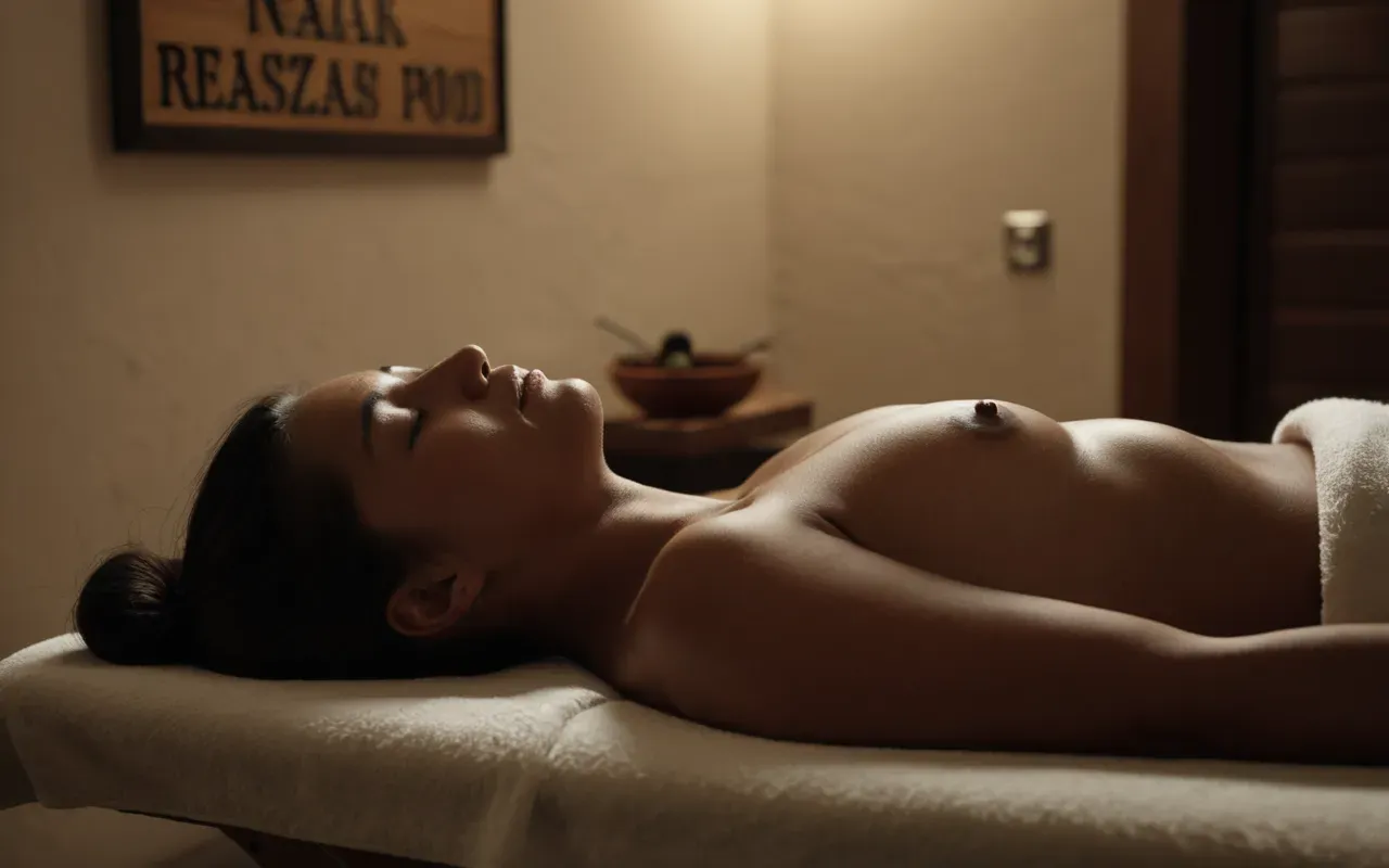 A person lying on a soft massage table in a dimly lit room. Their eyes are closed and their expression is one of deep relaxation. A practitioner's hands are blurred in motion above the client's back, suggesting gentle energy work. The atmosphere is quiet and meditative with no visible text or branding.