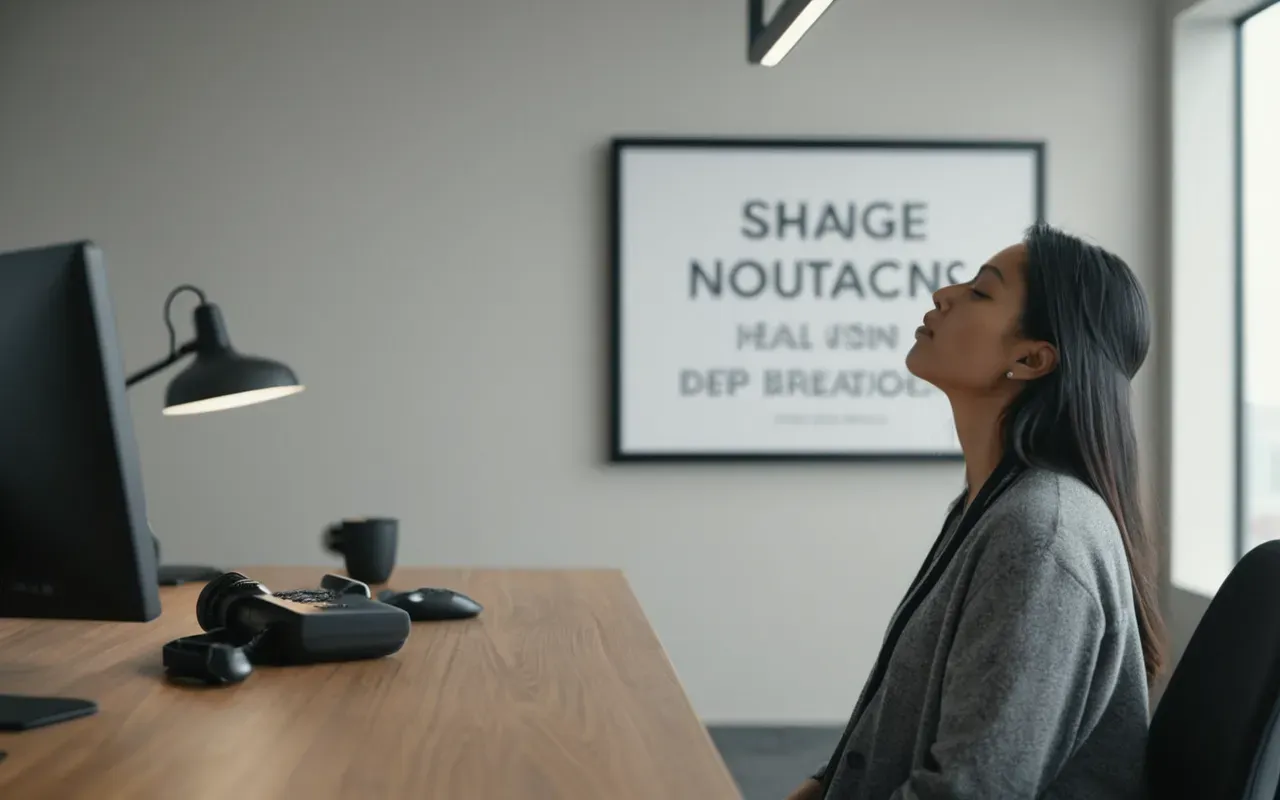 A person practicing deep breathing exercises in a modern minimalist office space. Soft ambient lighting creates a calming effect. The individual appears focused and centered, embodying mental clarity.