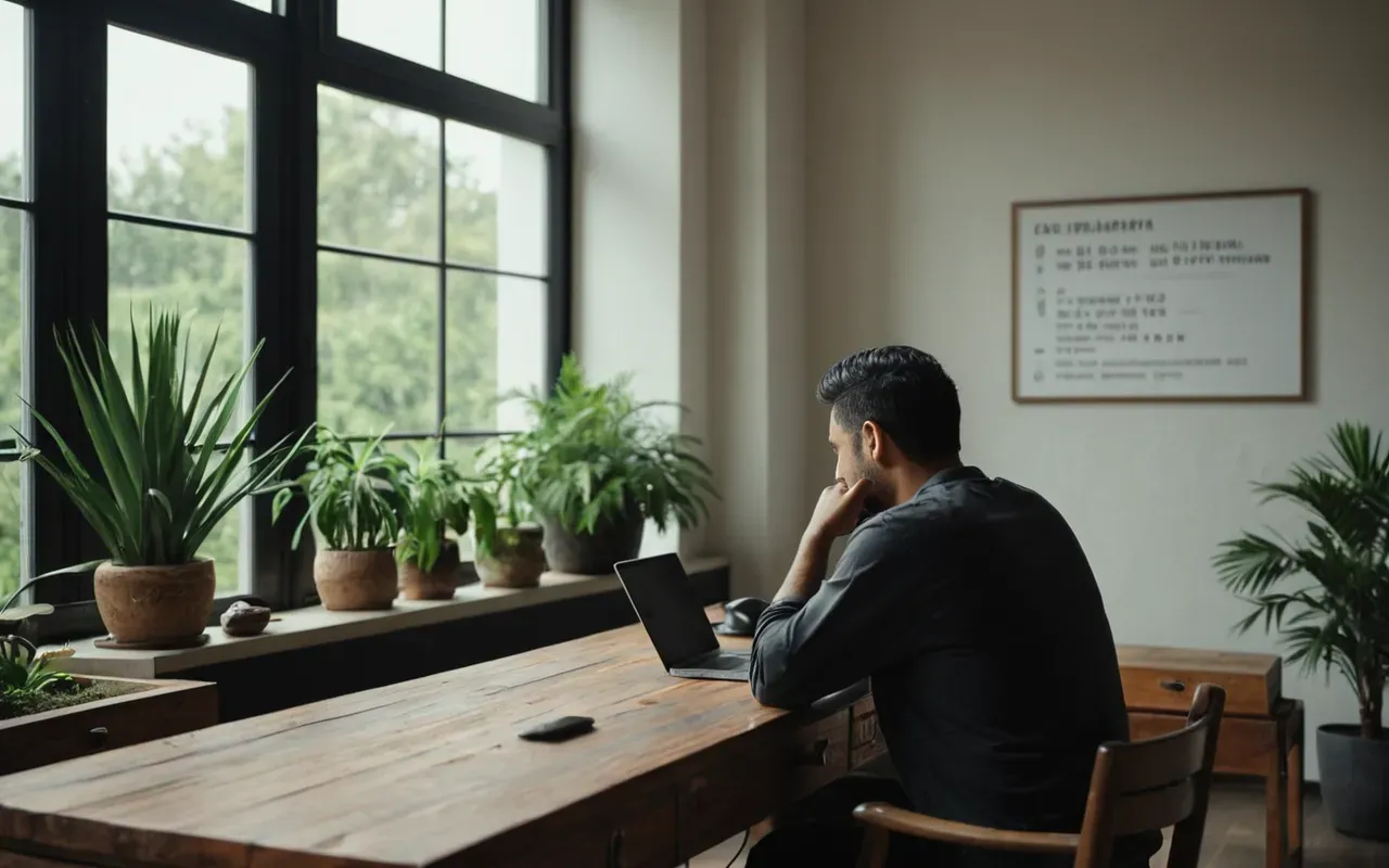 içsel motivasyon A person sitting at a wooden desk in a modern room with soft natural light from a large window and green plants nearby looking thoughtful without any text visible.