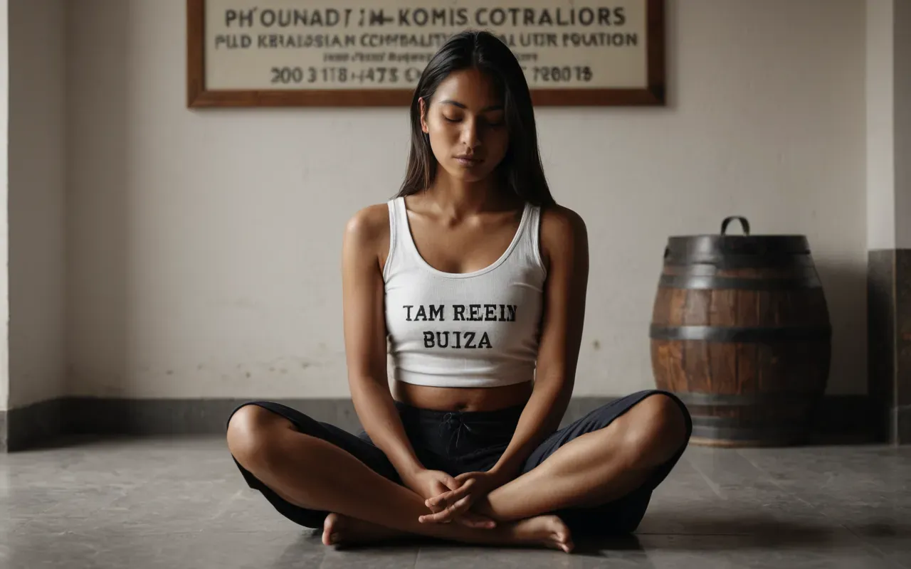 içsel güçlendirme pratiği A person sitting cross-legged in a minimalist room with soft ambient lighting. Their eyes are closed and their posture is upright yet relaxed. A sense of inner strength and calm.