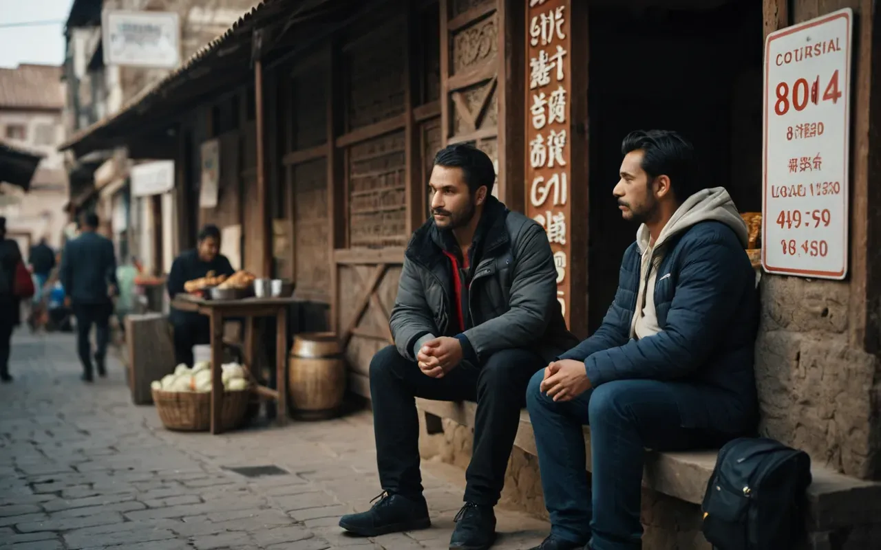 A person sitting in a calm environment with soft lighting and a peaceful expression while another individual stands nearby observing.