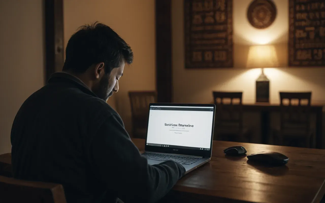 A person sitting in a dimly lit room using a laptop to meditate, with soft ambient lighting and no visible text on screens.