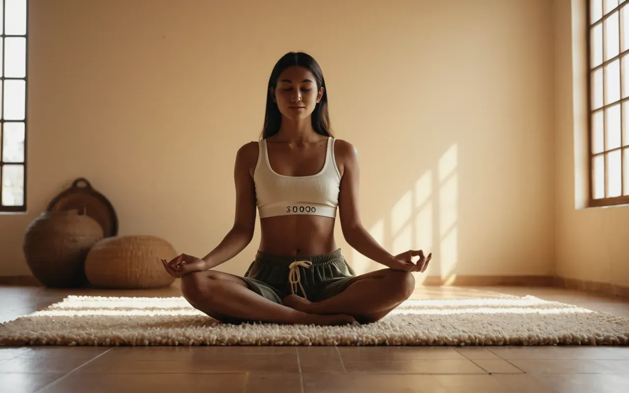 aura meditasyonu pozisyonu A person sitting in a lotus position on a soft rug in a bright minimalist room. Soft golden light surrounds the body like a glowing aura. The atmosphere is calm and serene with no text or objects visible.