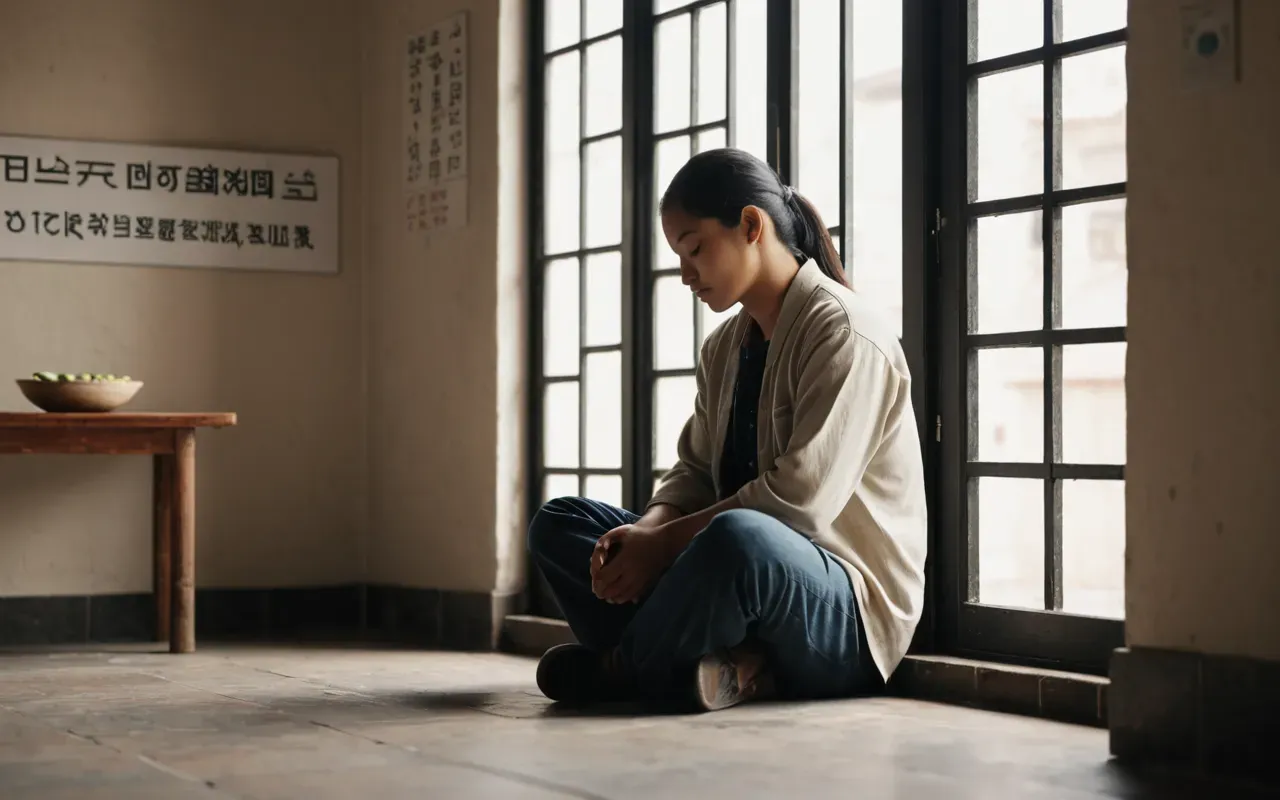 sınav motivasyonu A person sitting in a quiet, minimalist room with eyes closed and hands resting on their knees. Soft light from a window creates a calm atmosphere.